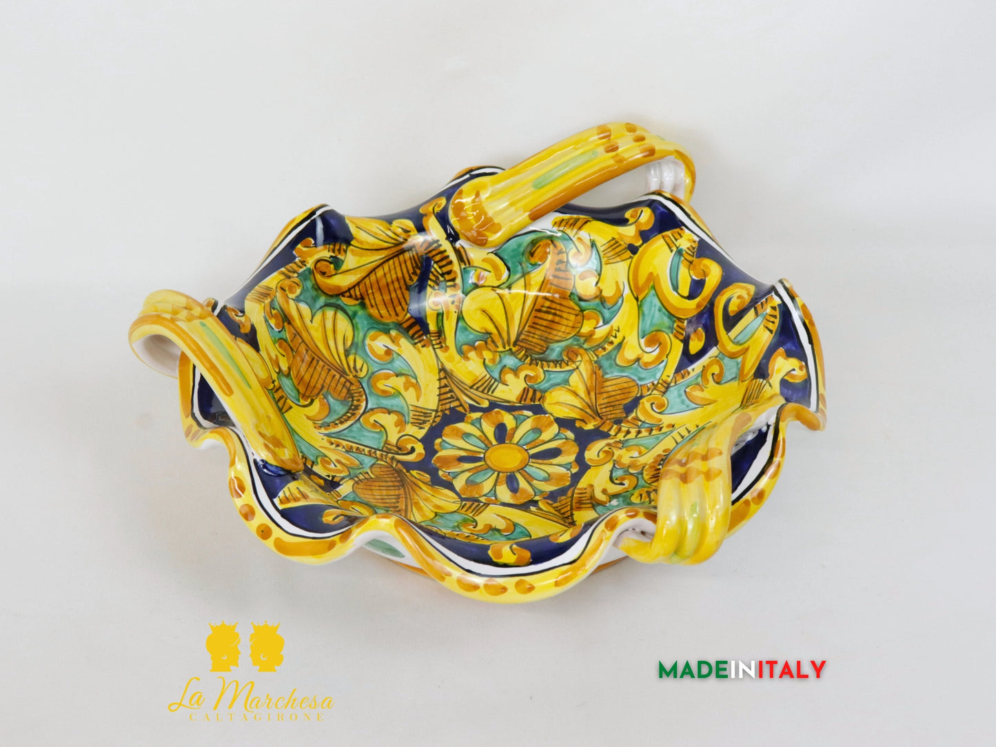 Centrotavola con Manici in Ceramica di Caltagirone Blu Ornato - Varie Misure