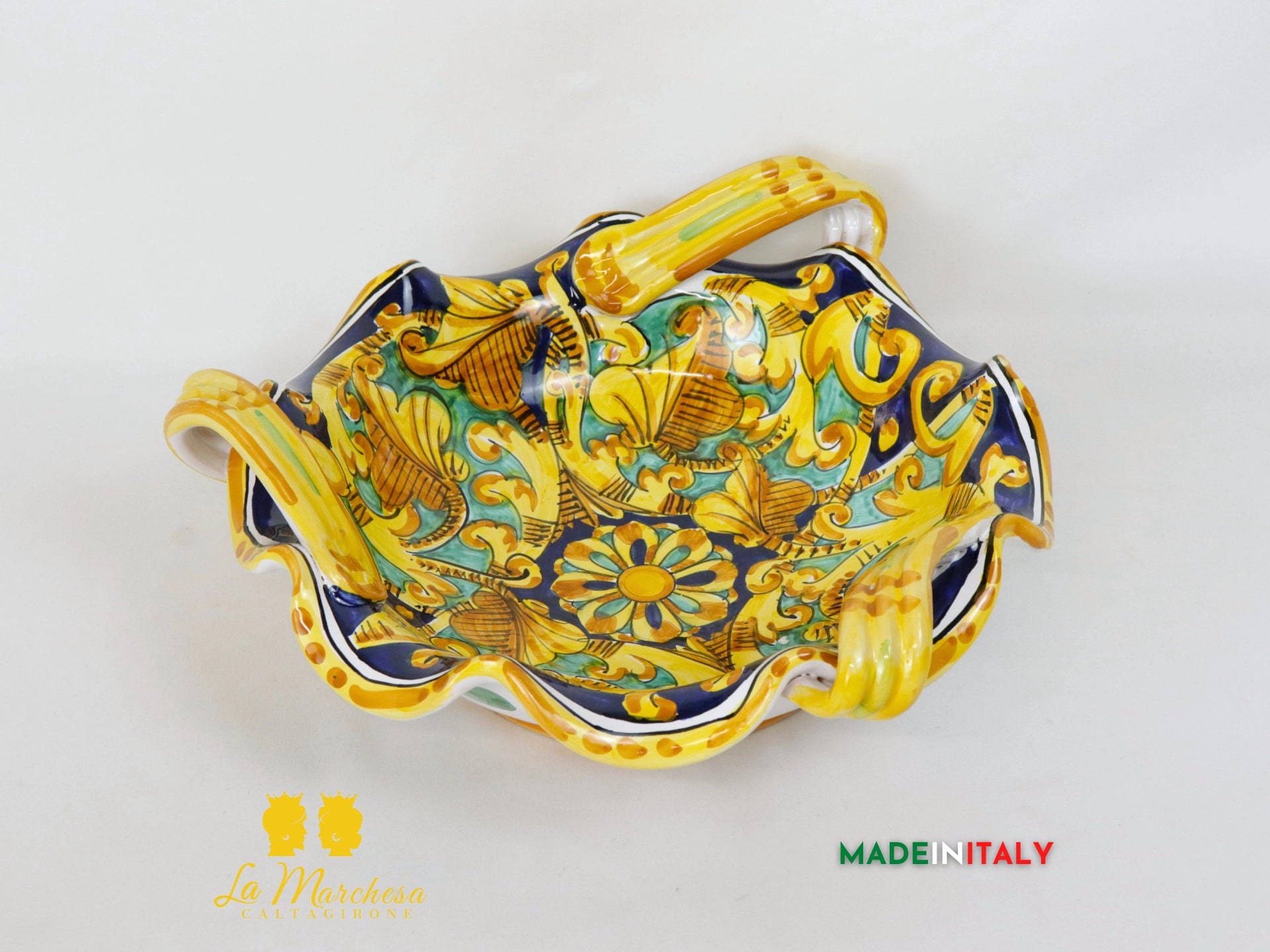 Centrotavola con Manici in Ceramica di Caltagirone Blu Ornato - Varie Misure
