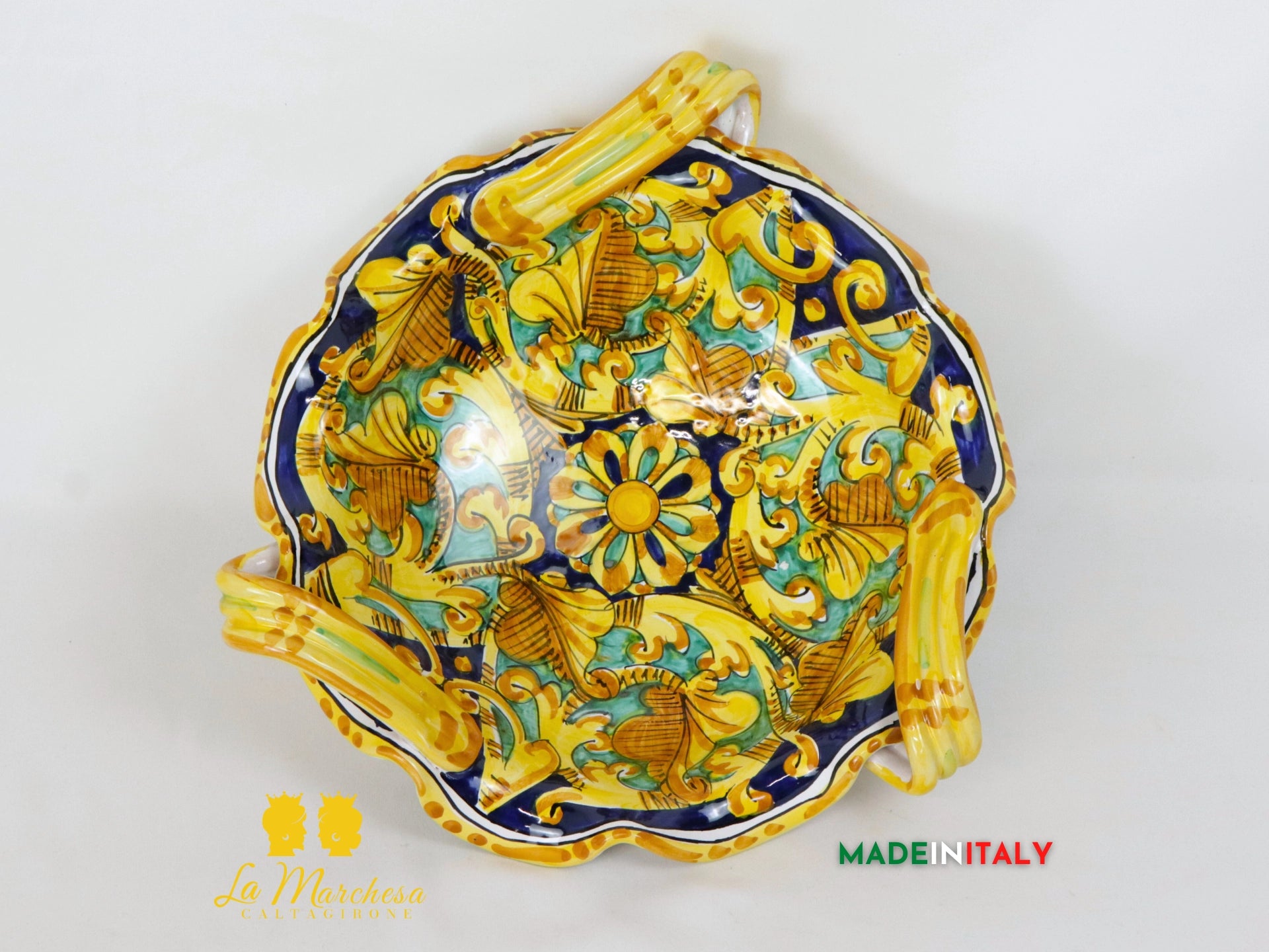 Centrotavola con Manici in Ceramica di Caltagirone Blu Ornato - Varie Misure