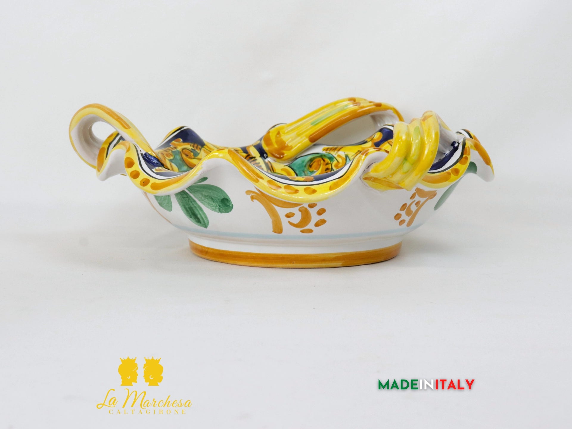 Centrotavola con Manici in Ceramica di Caltagirone Blu Ornato - Varie Misure