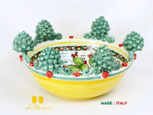 Ciotola Centrotavola in Ceramica di Caltagirone con pigne verde rame 42cm