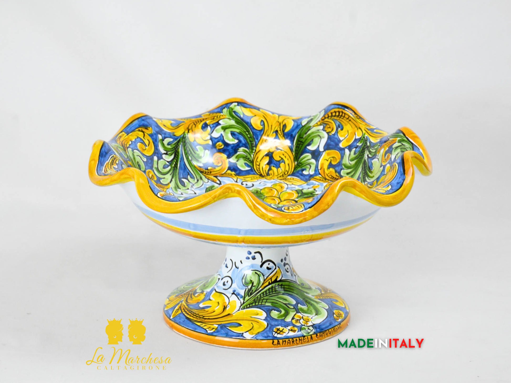 Centrotavola Ciotola con alzata orlata in Ceramica di Caltagirone Blu Antico 30cm