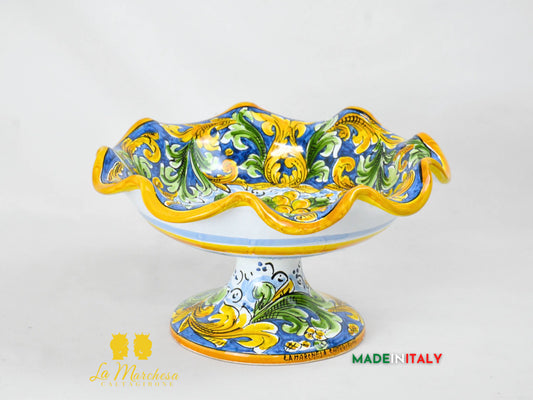 Centrotavola Ciotola con alzata orlata in Ceramica di Caltagirone Blu Antico 30cm