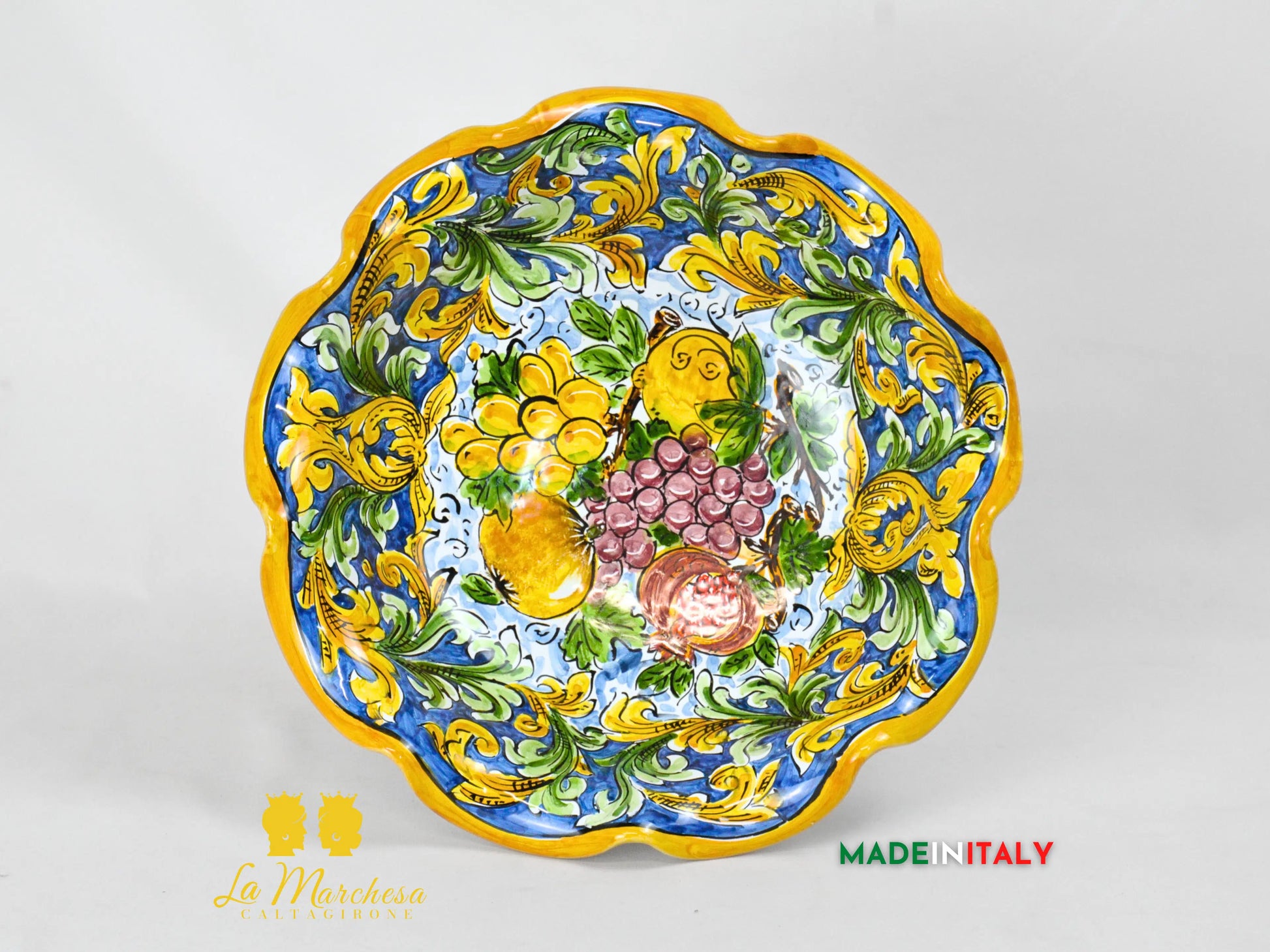 Centrotavola Ciotola con alzata orlata in Ceramica di Caltagirone Blu Antico 30cm