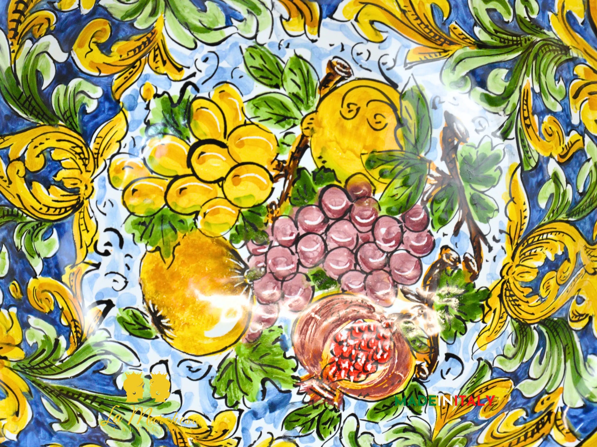 Centrotavola Ciotola con alzata orlata in Ceramica di Caltagirone Blu Antico 30cm