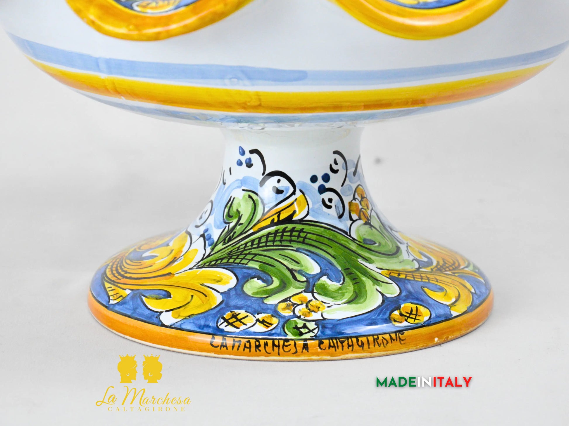 Centrotavola Ciotola con alzata orlata in Ceramica di Caltagirone Blu Antico 30cm