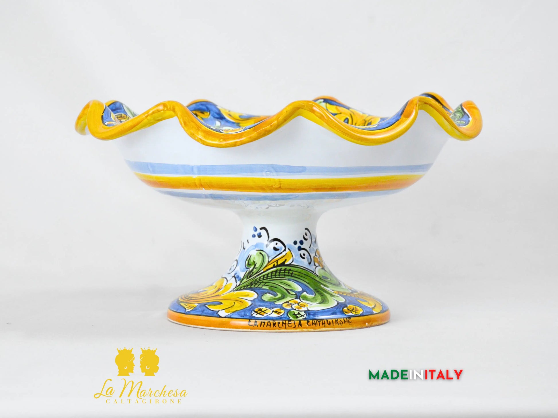 Centrotavola Ciotola con alzata orlata in Ceramica di Caltagirone Blu Antico 30cm