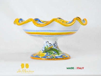 Centrotavola Ciotola con alzata orlata in Ceramica di Caltagirone Blu Antico 30cm