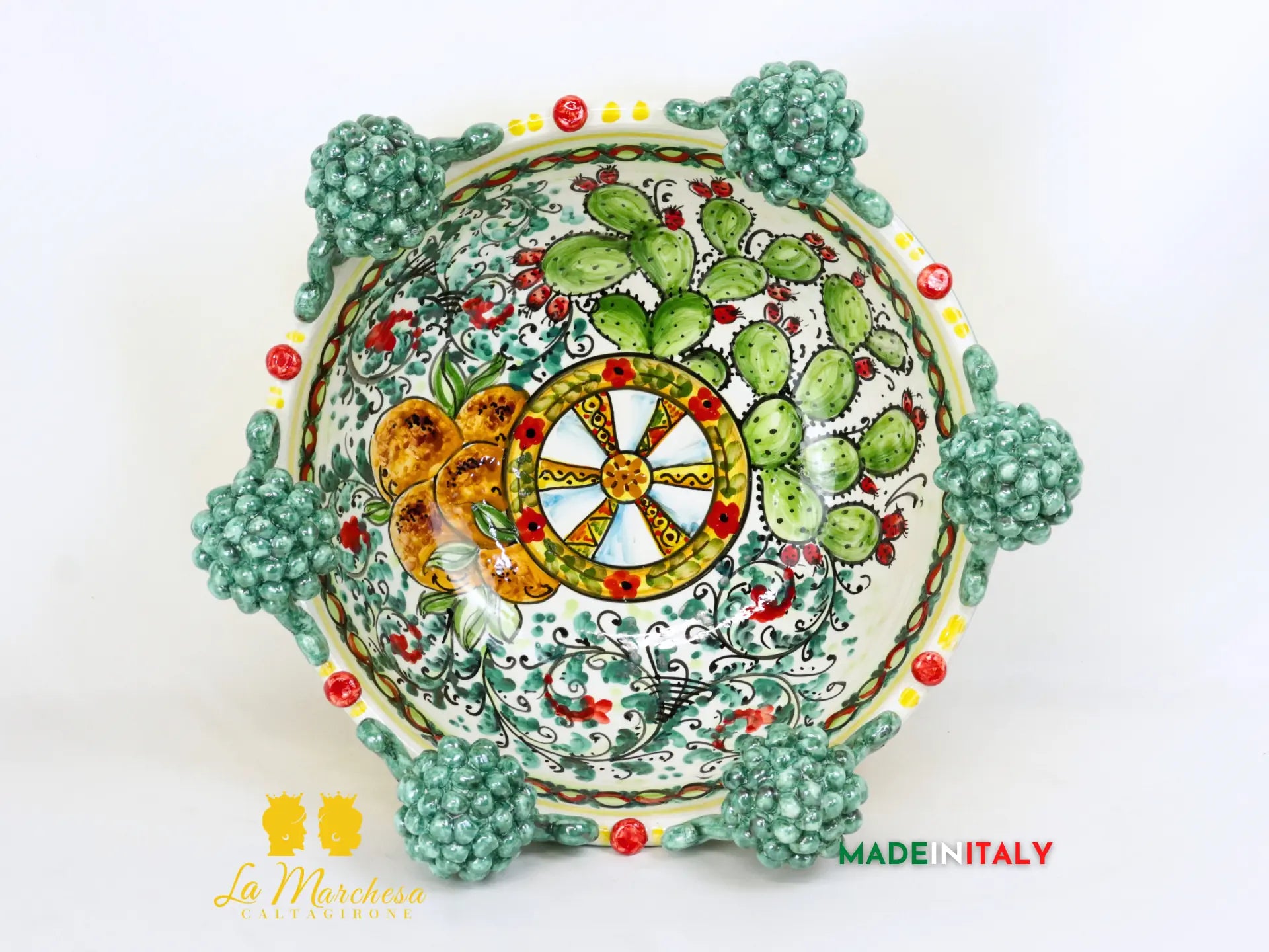 Ciotola Centrotavola in Ceramica di Caltagirone con pigne verde rame 42cm