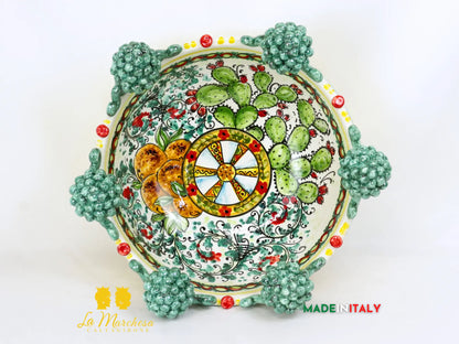 Ciotola Centrotavola in Ceramica di Caltagirone con pigne verde rame 42cm