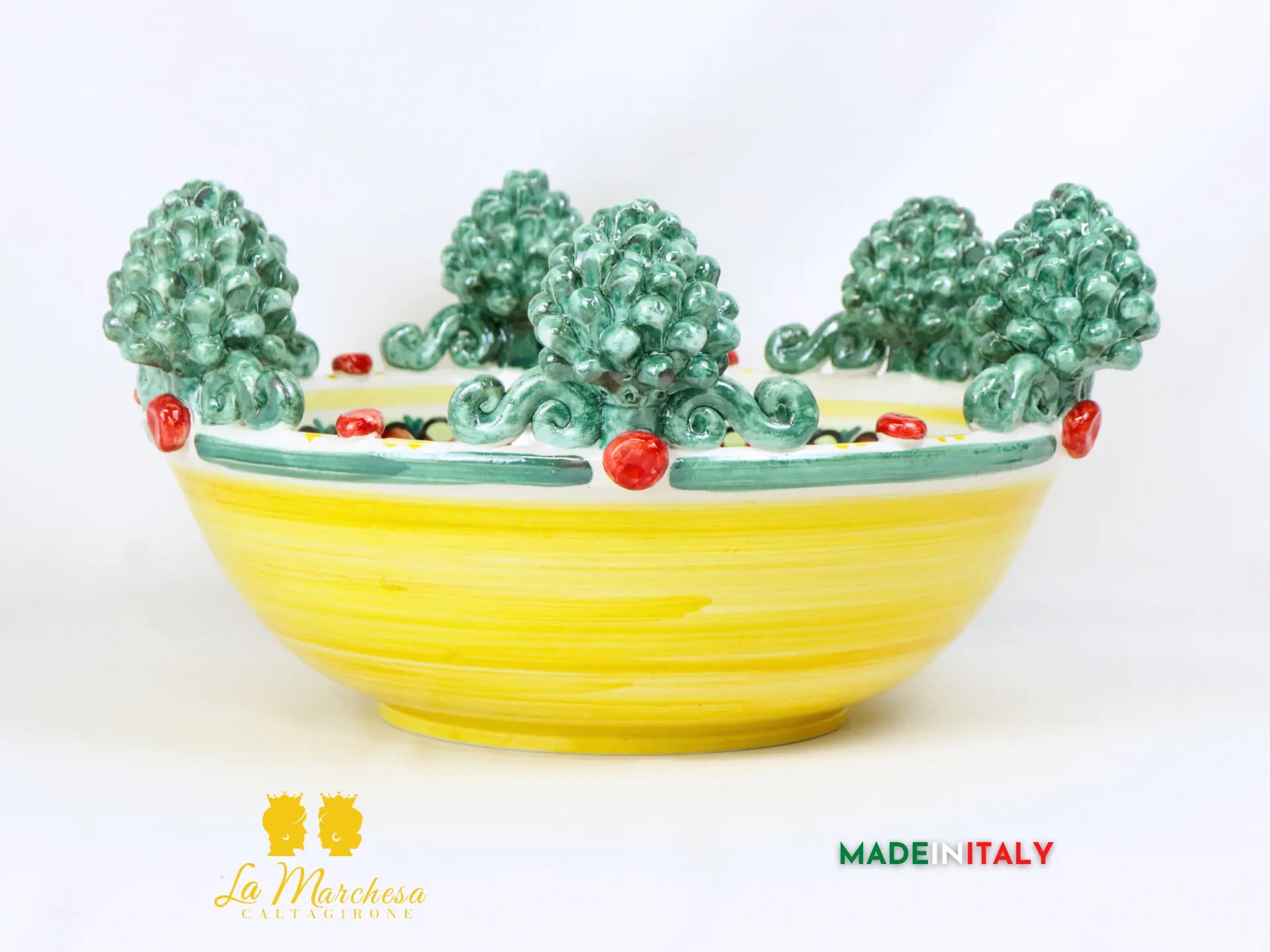 Ciotola Centrotavola in Ceramica di Caltagirone con pigne verde rame 42cm