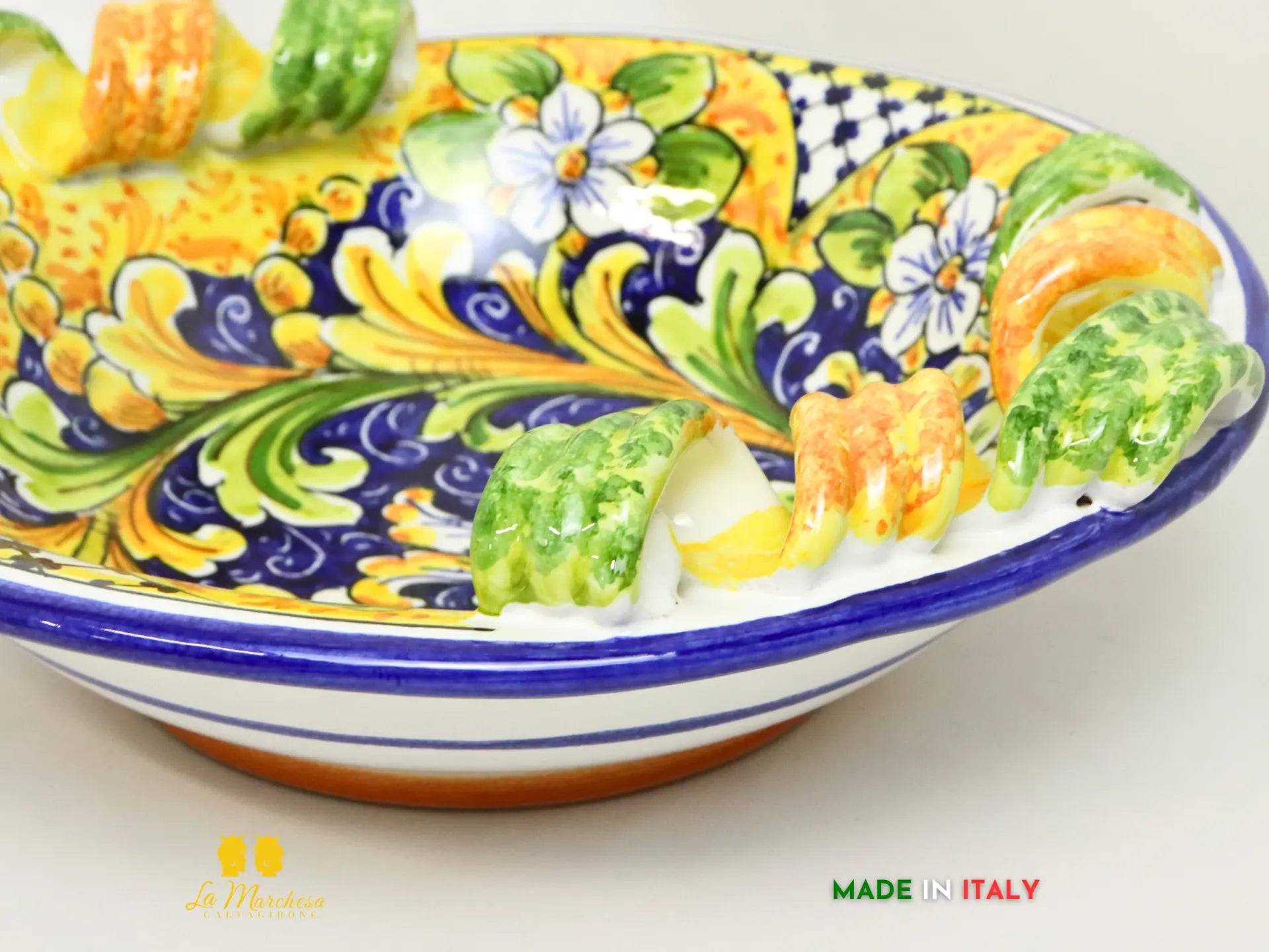 Ciotola Centrotavola in Ceramica di Caltagirone manici  ornato blu antico 31cm