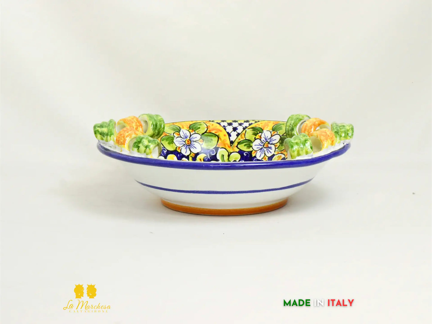 Ciotola Centrotavola in Ceramica di Caltagirone manici  ornato blu antico 31cm