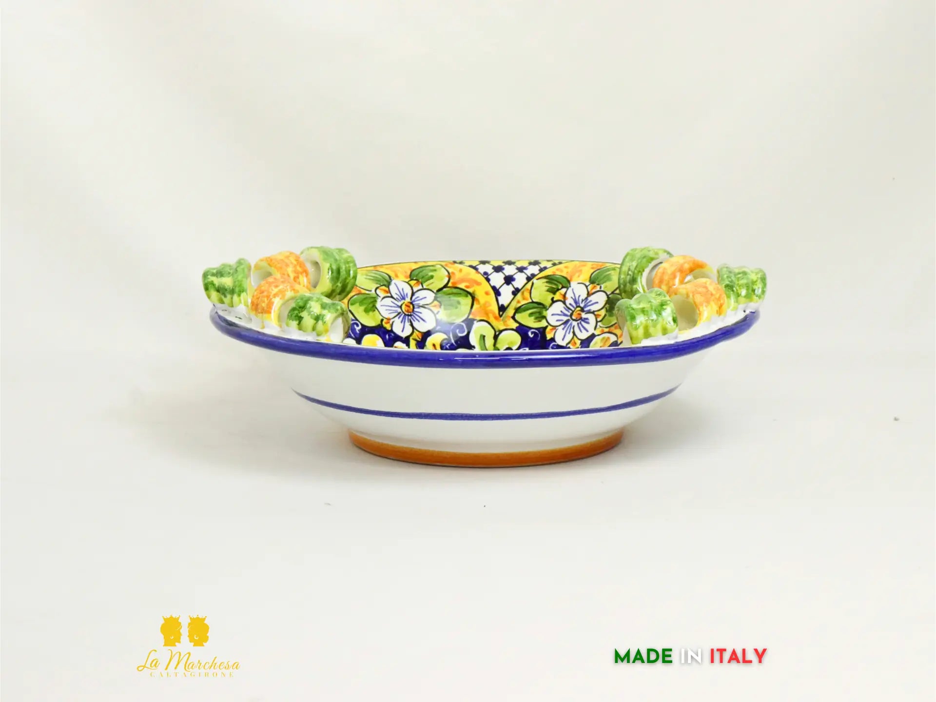 Ciotola Centrotavola in Ceramica di Caltagirone manici  ornato blu antico 31cm