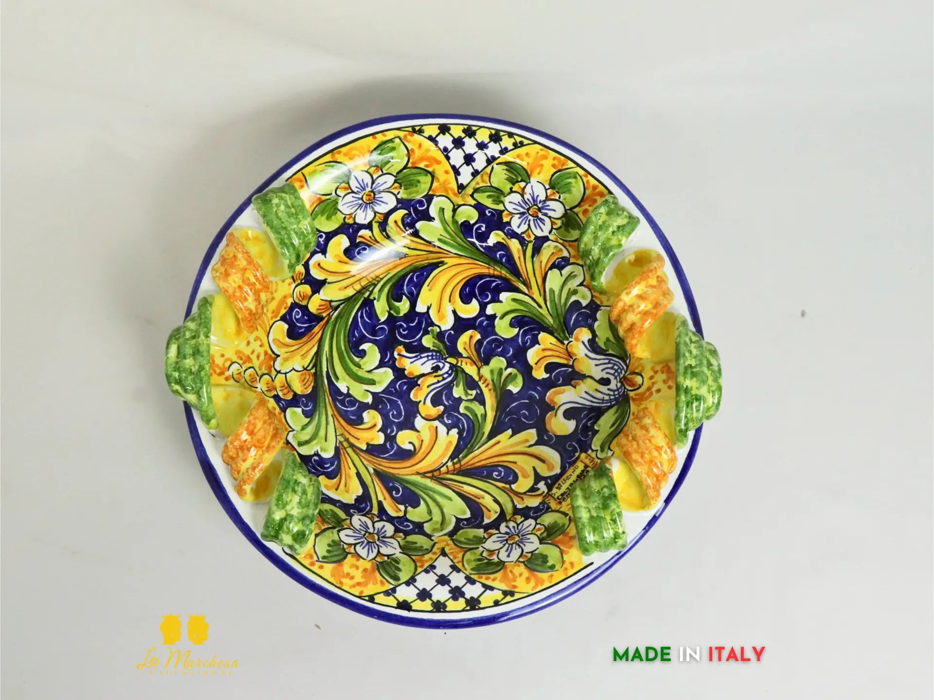 Ciotola Centrotavola in Ceramica di Caltagirone manici  ornato blu antico 31cm