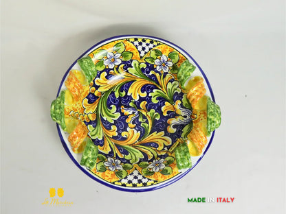 Ciotola Centrotavola in Ceramica di Caltagirone manici  ornato blu antico 31cm