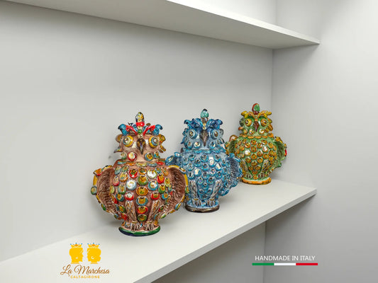 Gufo in ceramica di Caltagirone madreperla 27cm