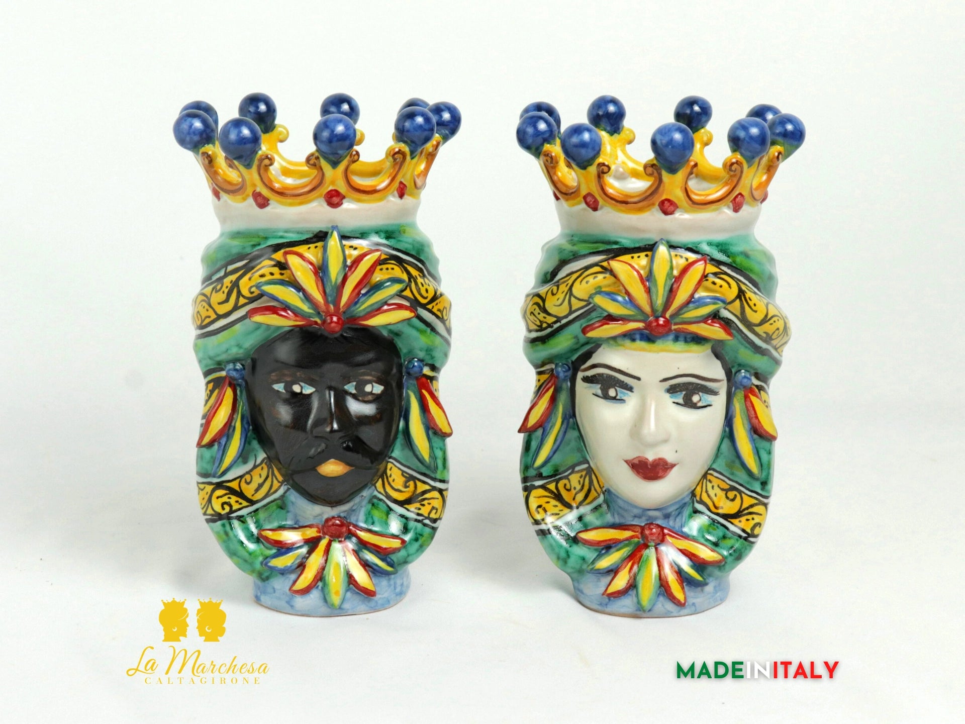 Coppia Teste di Moro in Ceramica di Caltagirone Corona H19 - Vari Modelli (2)