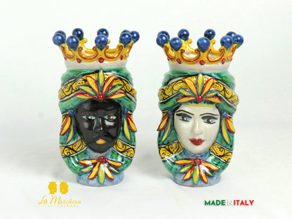 Coppia Teste di Moro in Ceramica di Caltagirone Corona H19 - Vari Modelli (2)