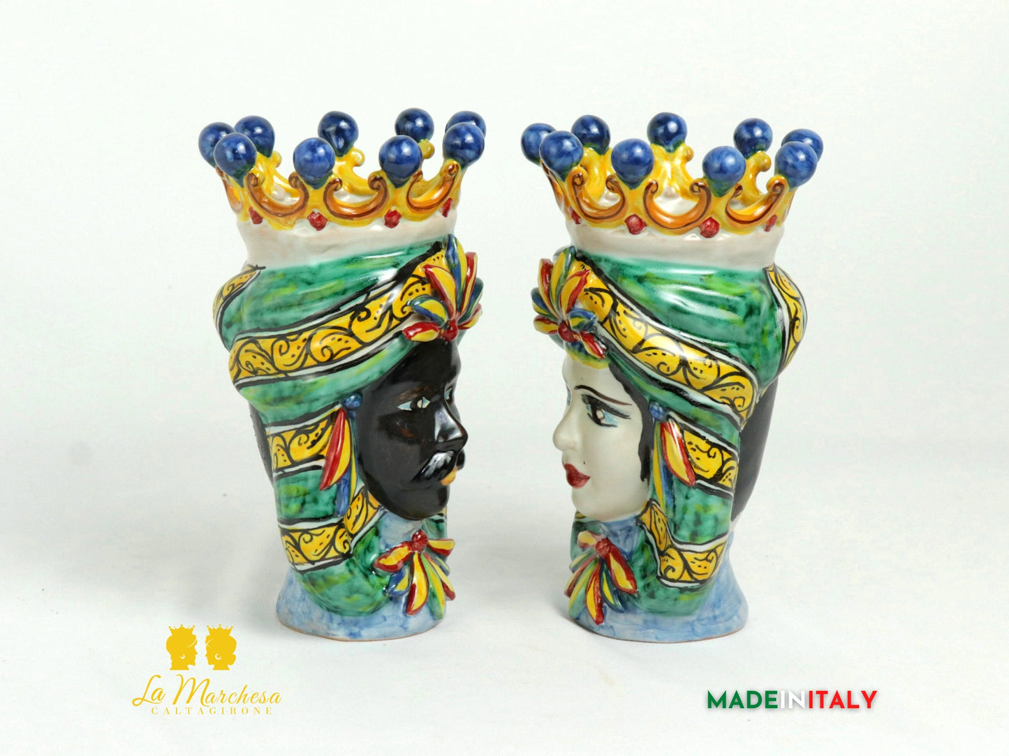 Coppia Teste di Moro in Ceramica di Caltagirone Corona H19 - Vari Modelli (12)