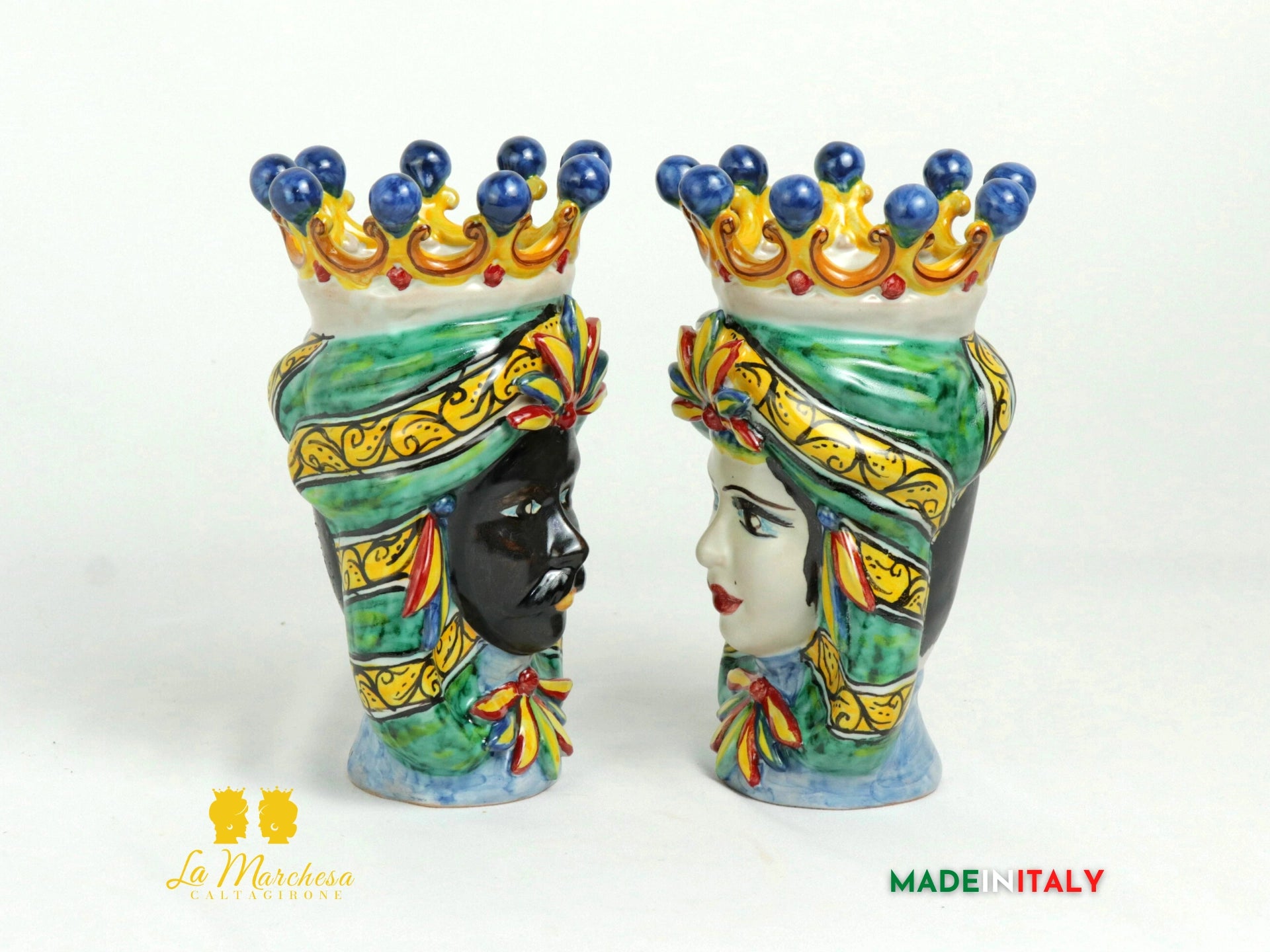 Coppia Teste di Moro in Ceramica di Caltagirone Corona H19 - Vari Modelli (12)