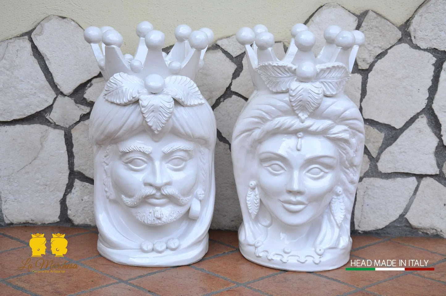 Coppia Teste di Moro in ceramica Caltagirone barocco bianco H48