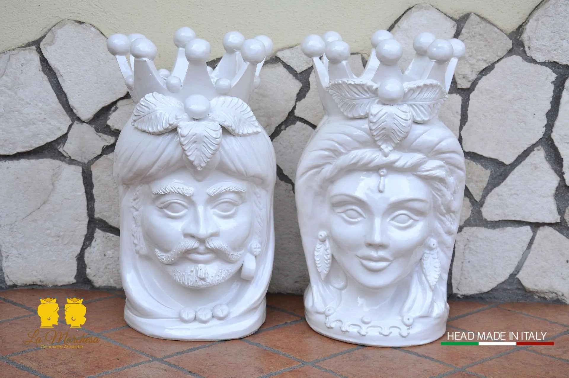 Coppia Teste di Moro in ceramica Caltagirone barocco bianco H48