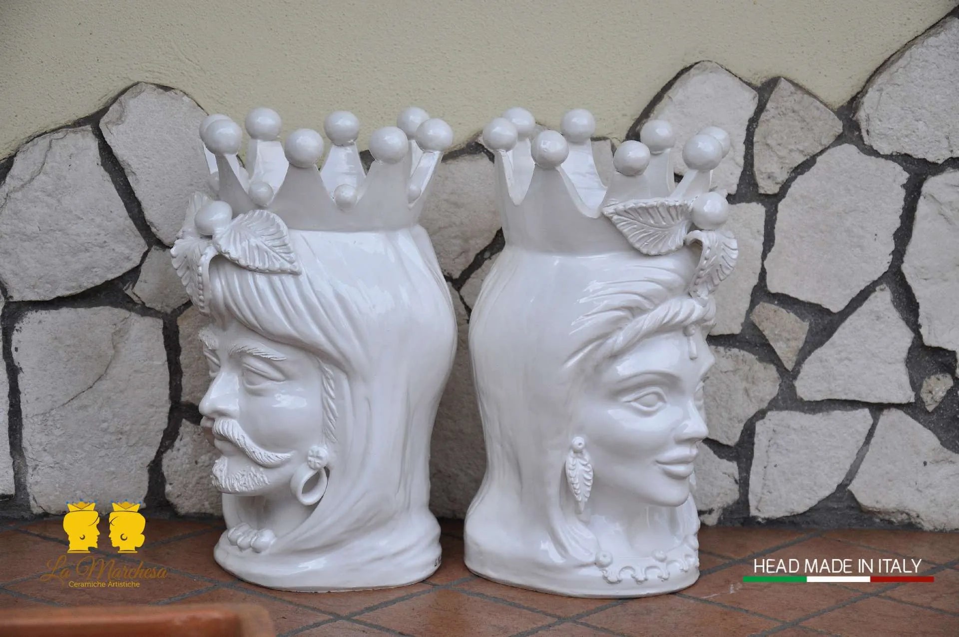 Coppia Teste di Moro in ceramica Caltagirone barocco bianco H48