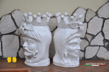 Coppia Teste di Moro in ceramica Caltagirone barocco bianco H48