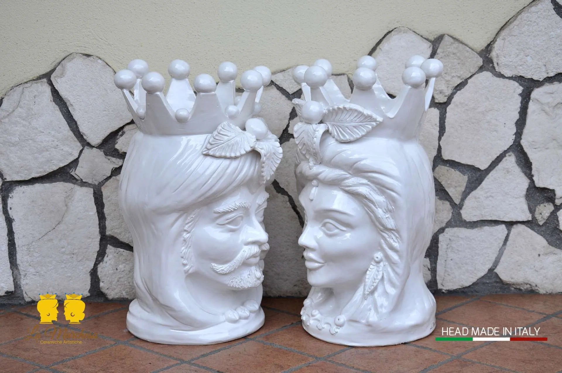 Coppia Teste di Moro in ceramica Caltagirone barocco bianco H48