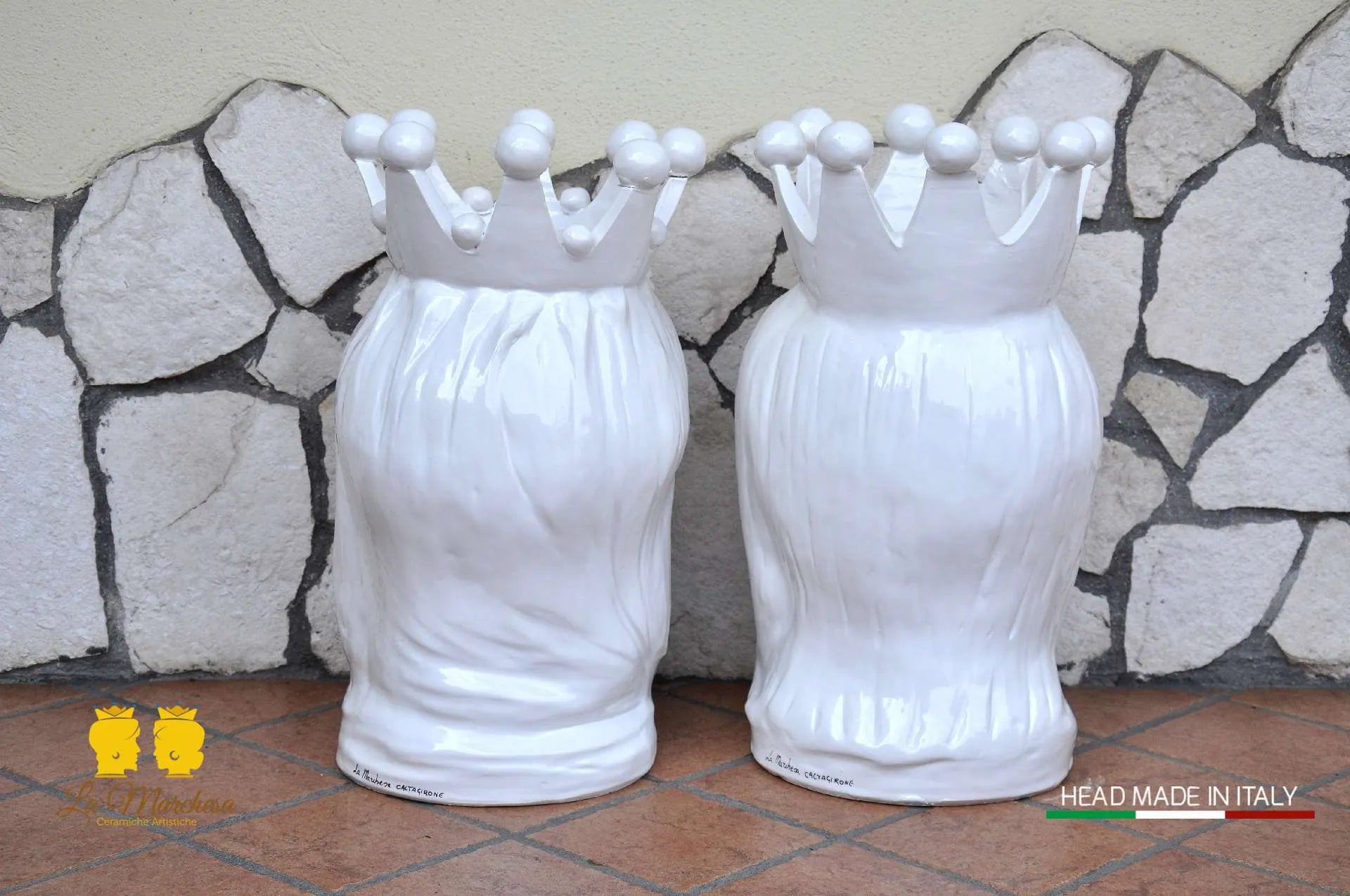 Coppia Teste di Moro in ceramica Caltagirone barocco bianco H48