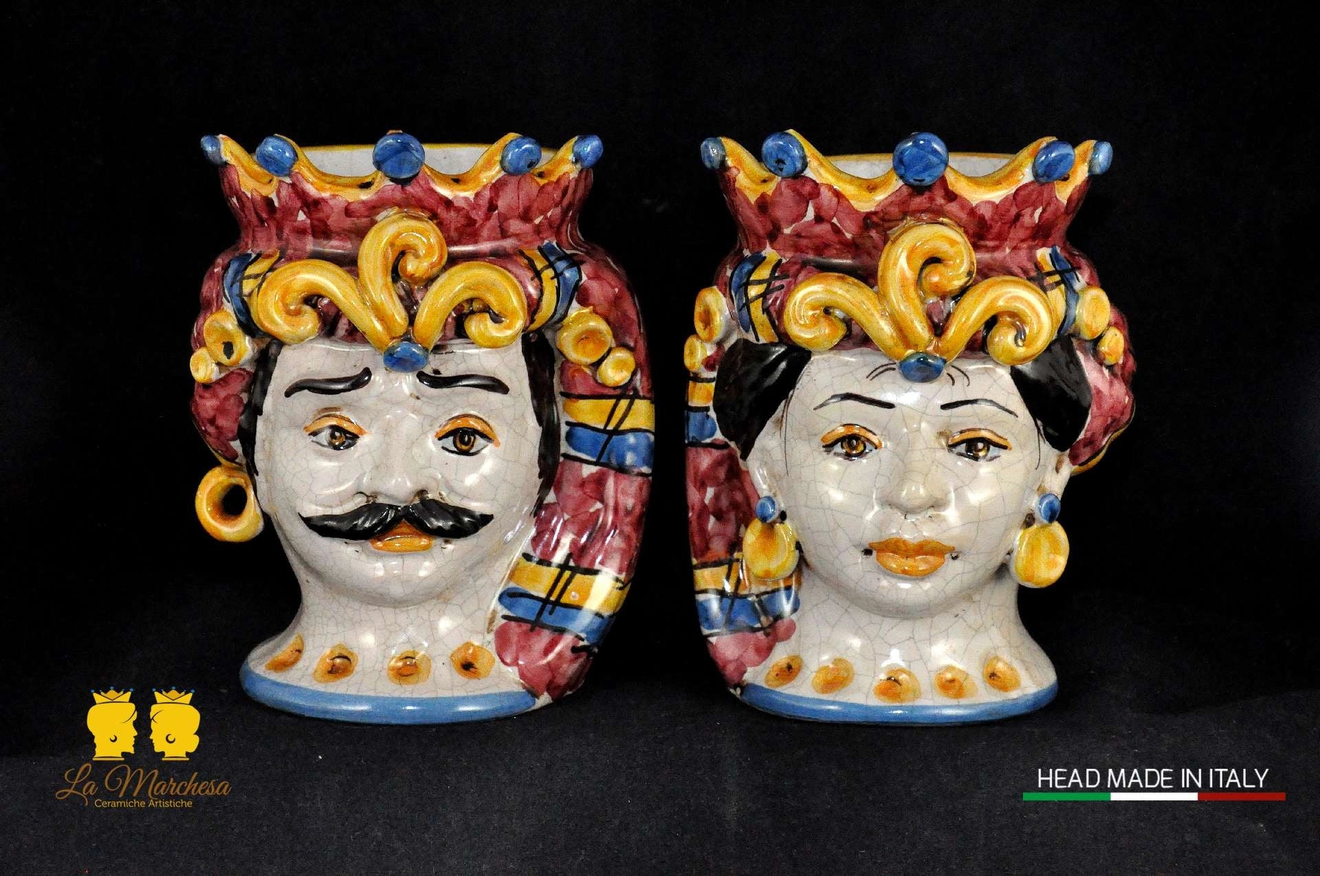 Coppia Teste di moro in Ceramica di Caltagirone fumè corona rossa 43cm Coppia Teste di moro in Ceramica di Caltagirone fumè corona rossa 43cm