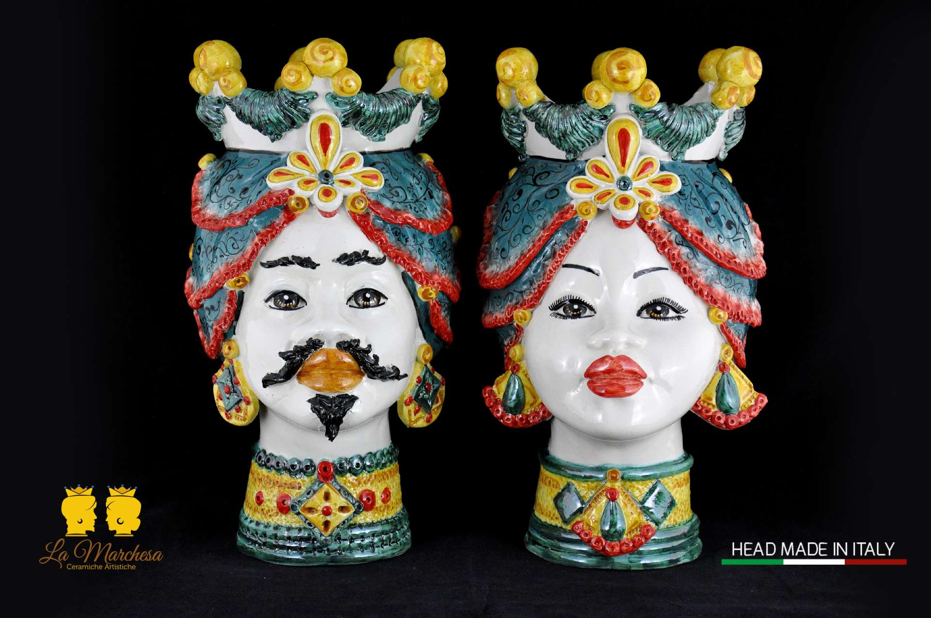 Coppia Teste di Moro in Ceramica di Caltagirone Sicilia h39