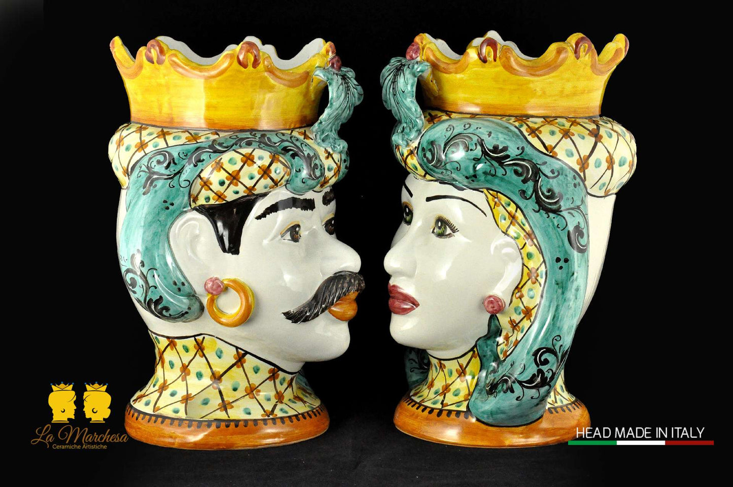 Coppia Teste di Moro in ceramica di Caltagirone Corona H41