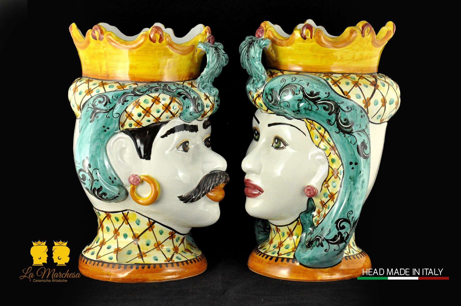 Coppia Teste di Moro in ceramica di Caltagirone Corona H41
