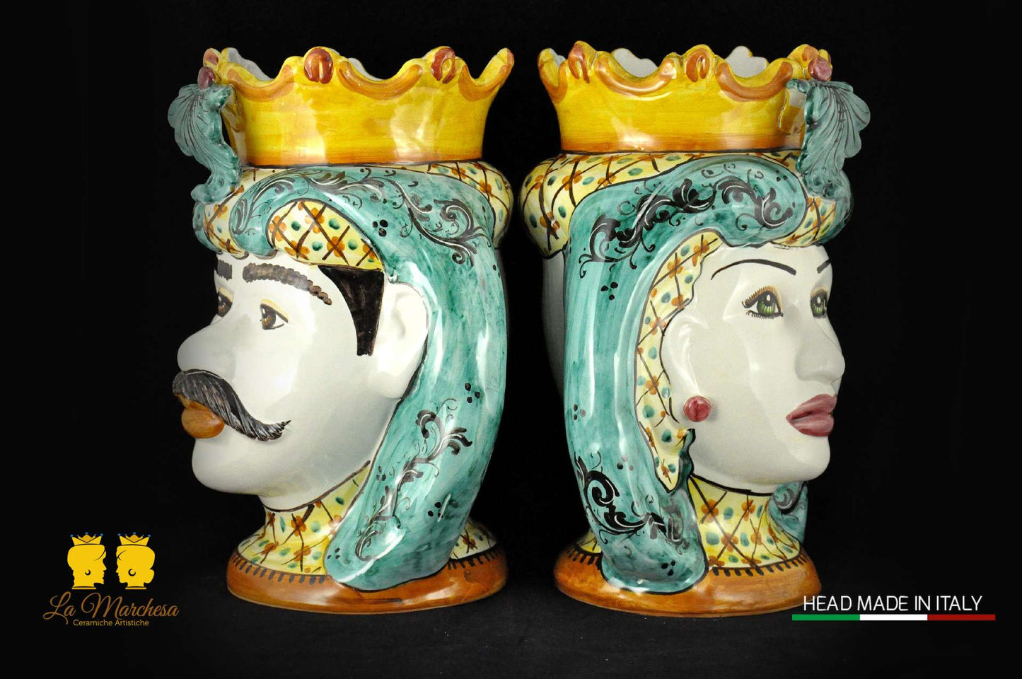 Coppia Teste di Moro in ceramica di Caltagirone Corona H41