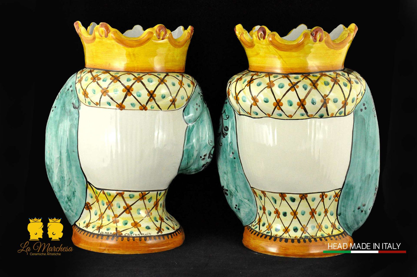 Coppia Teste di Moro in ceramica di Caltagirone Corona H41 retro