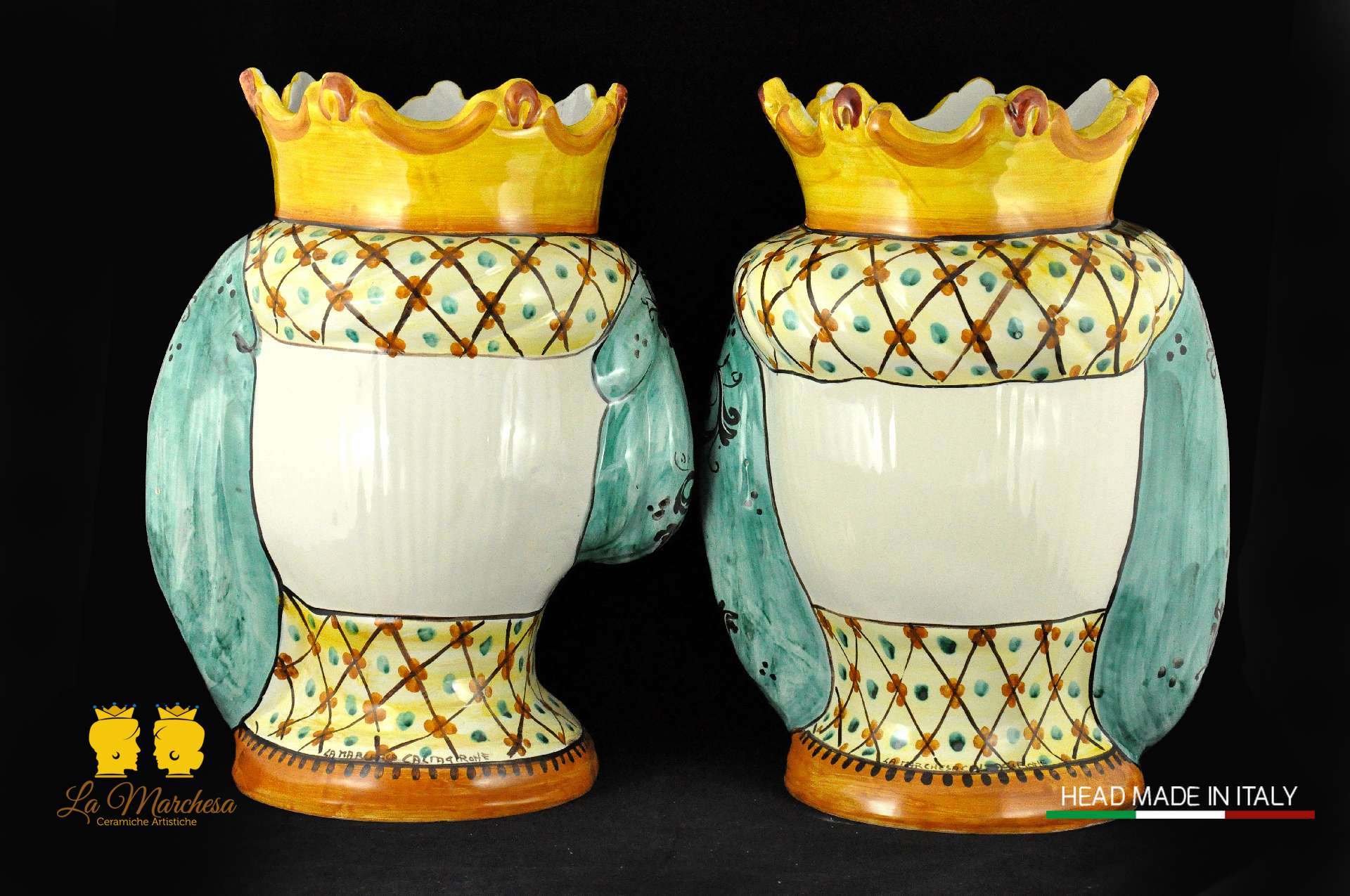 Coppia Teste di Moro in ceramica di Caltagirone Corona H41 retro