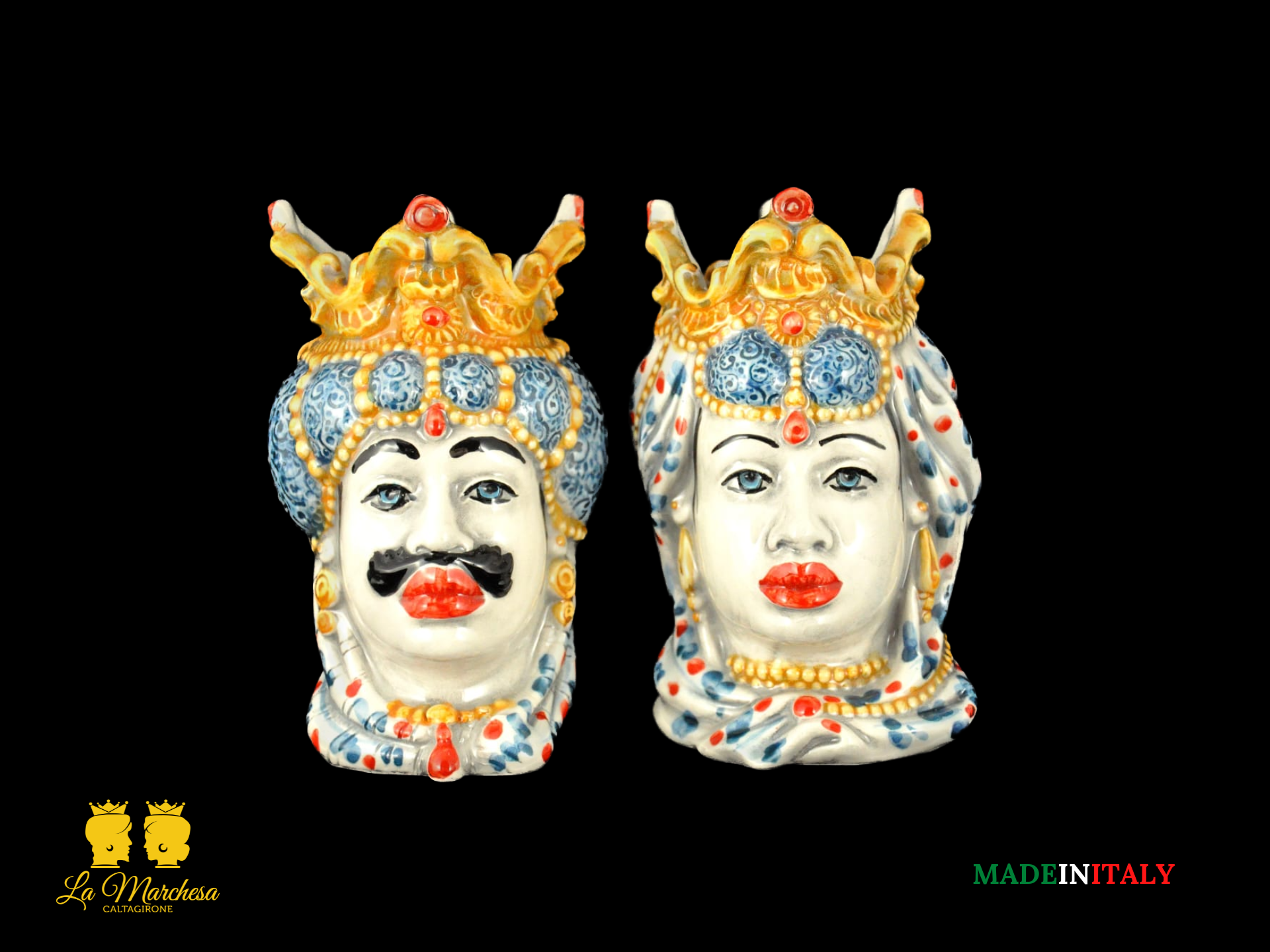 Coppia Teste di Moro in ceramica di Caltagirone Emiro H14 - 600