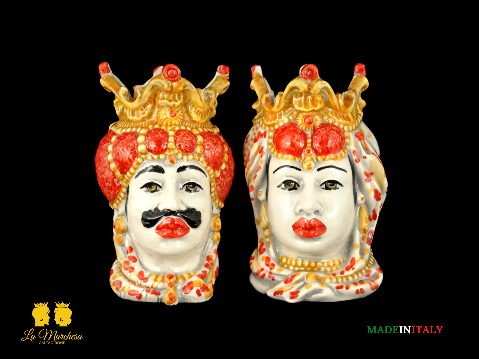 Coppia Teste di Moro in ceramica di Caltagirone Emiro H14 - rosso