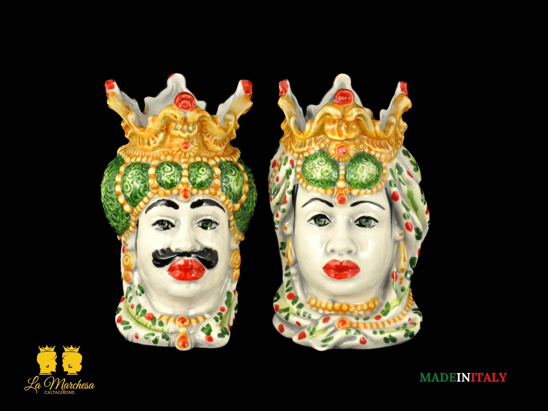 Coppia Teste di Moro in ceramica di Caltagirone Emiro H14 - verde