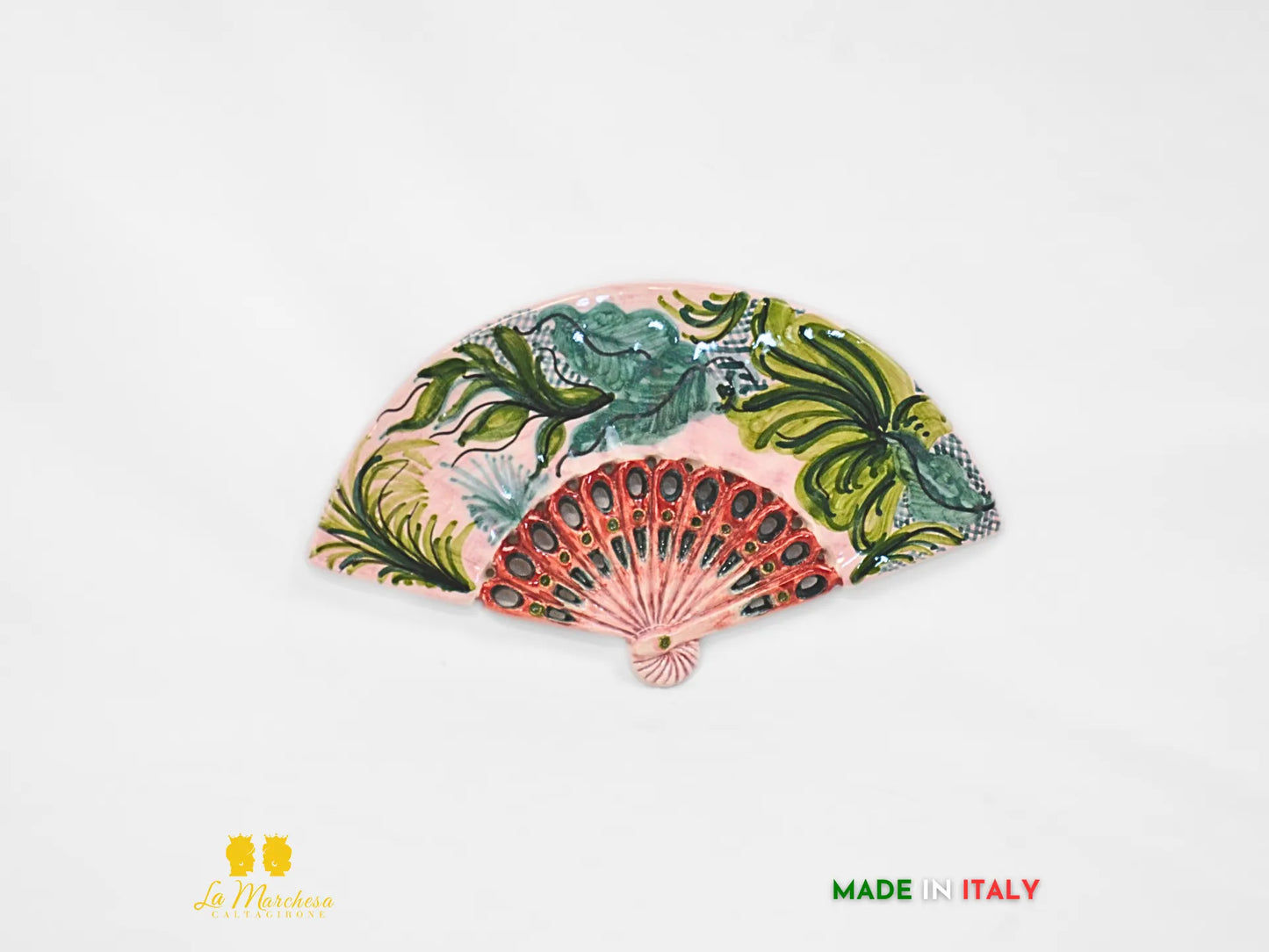 Decorazione da parete Ventaglio in Ceramica di Caltagirone Rosa Foglie