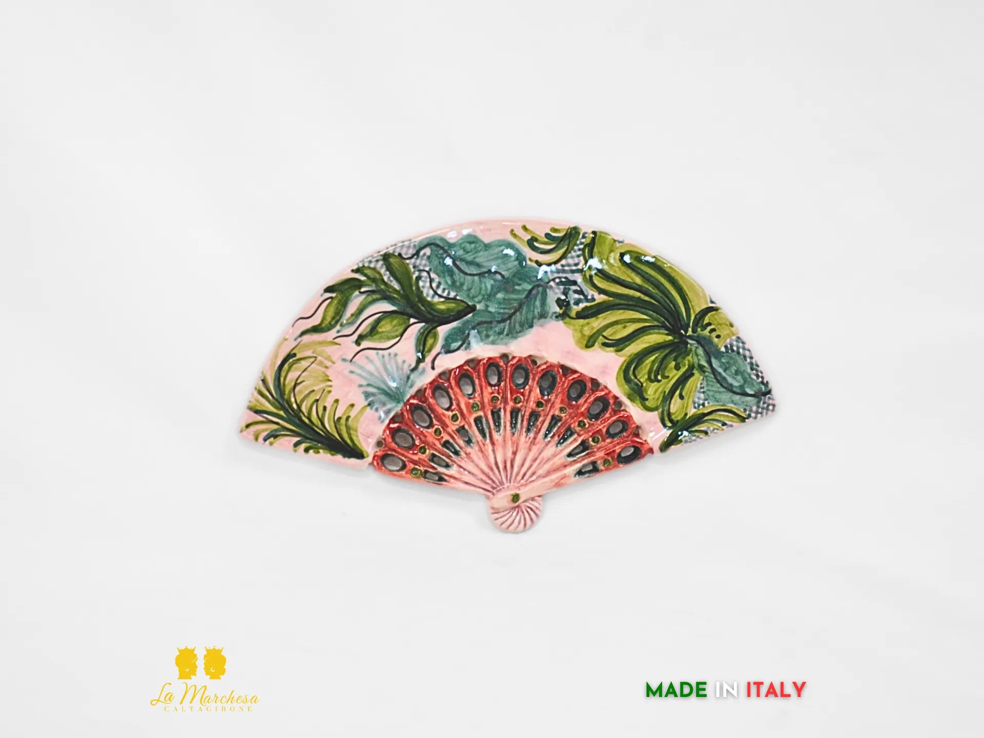 Decorazione da parete Ventaglio in Ceramica di Caltagirone Rosa Foglie