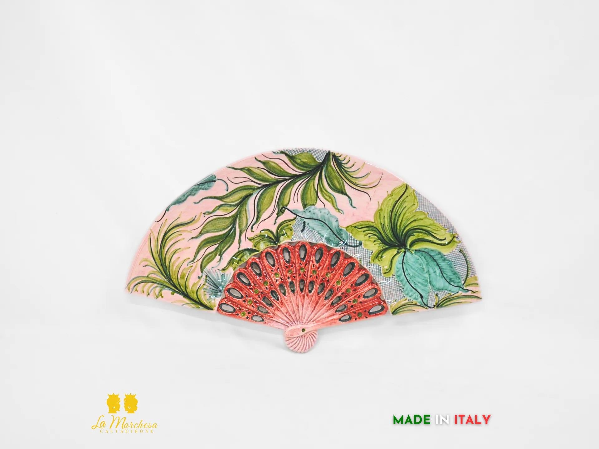 Decorazione da parete Ventaglio in Ceramica di Caltagirone Rosa Foglie