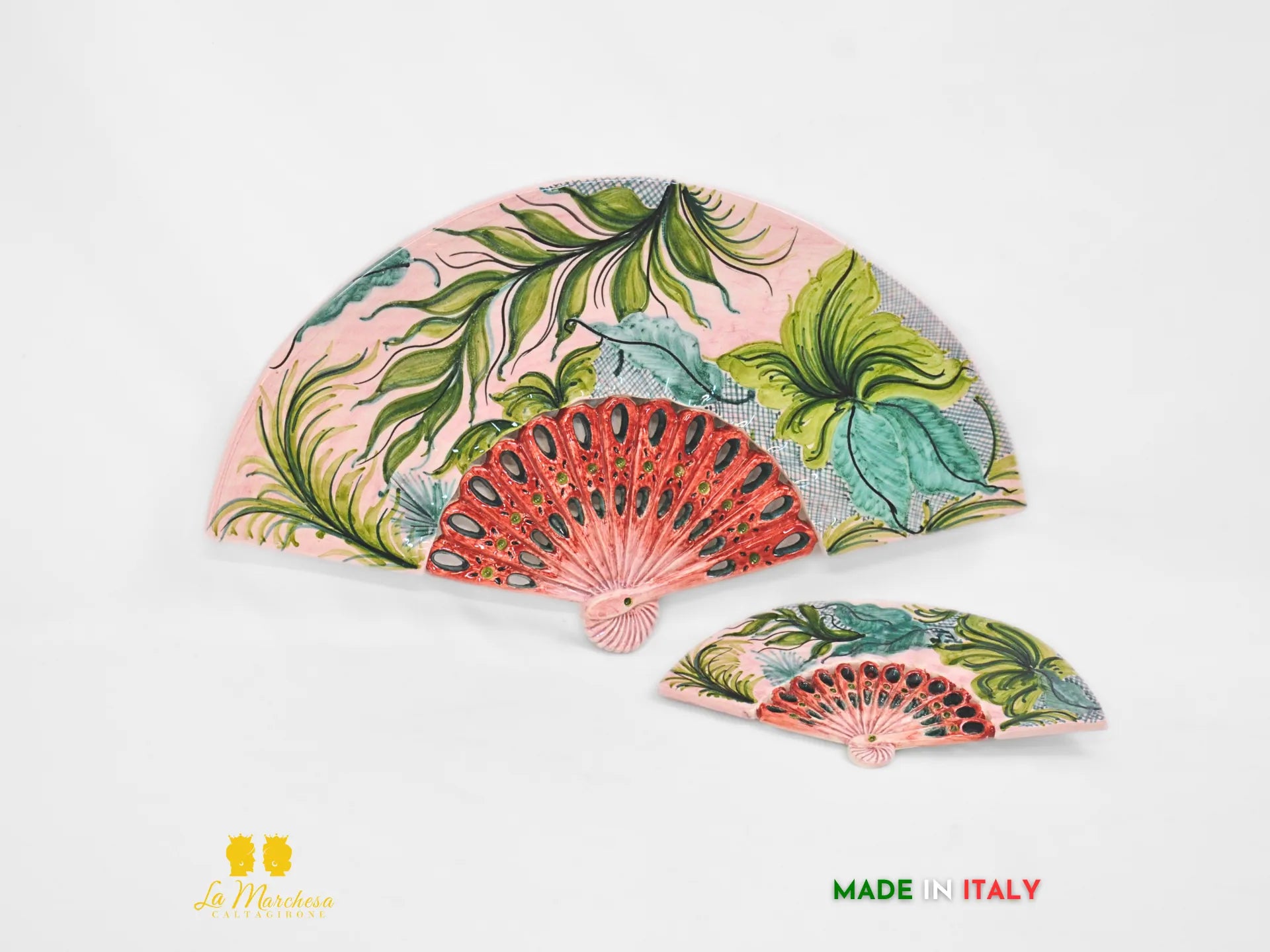 Decorazione da parete Ventaglio in Ceramica di Caltagirone Rosa Foglie