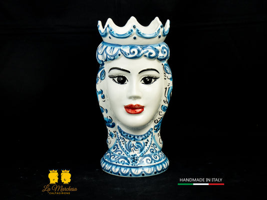 Testa di Moro Donna in Ceramica di Caltagirone bianco blu antico 26cm