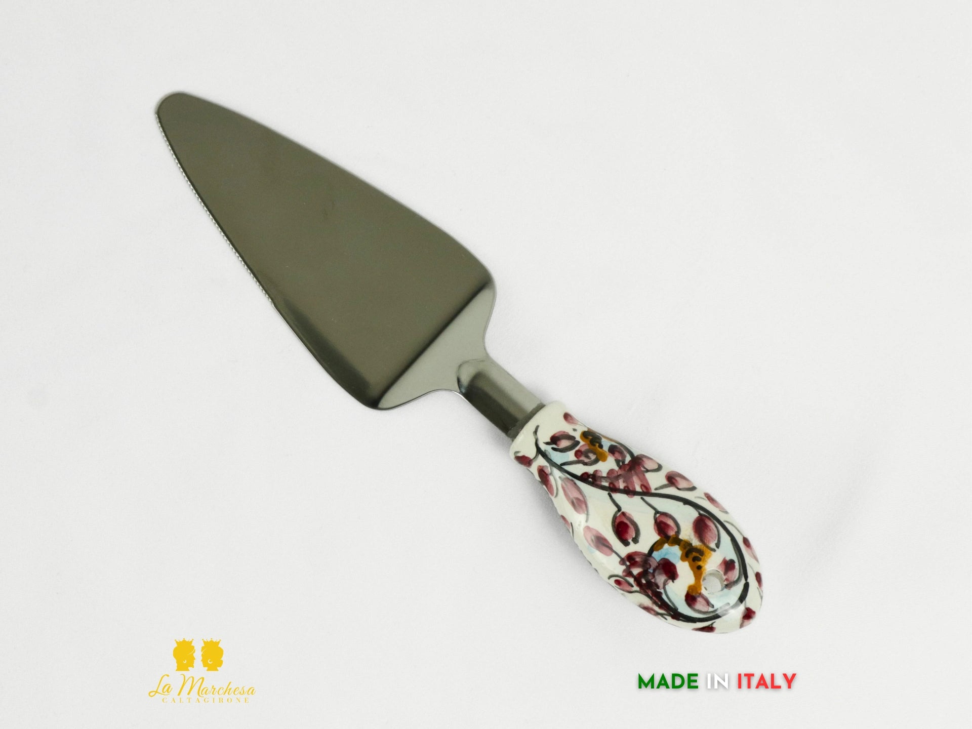 FINE SERIE - Paletta torta in acciaio con manico in ceramica decorata a mano