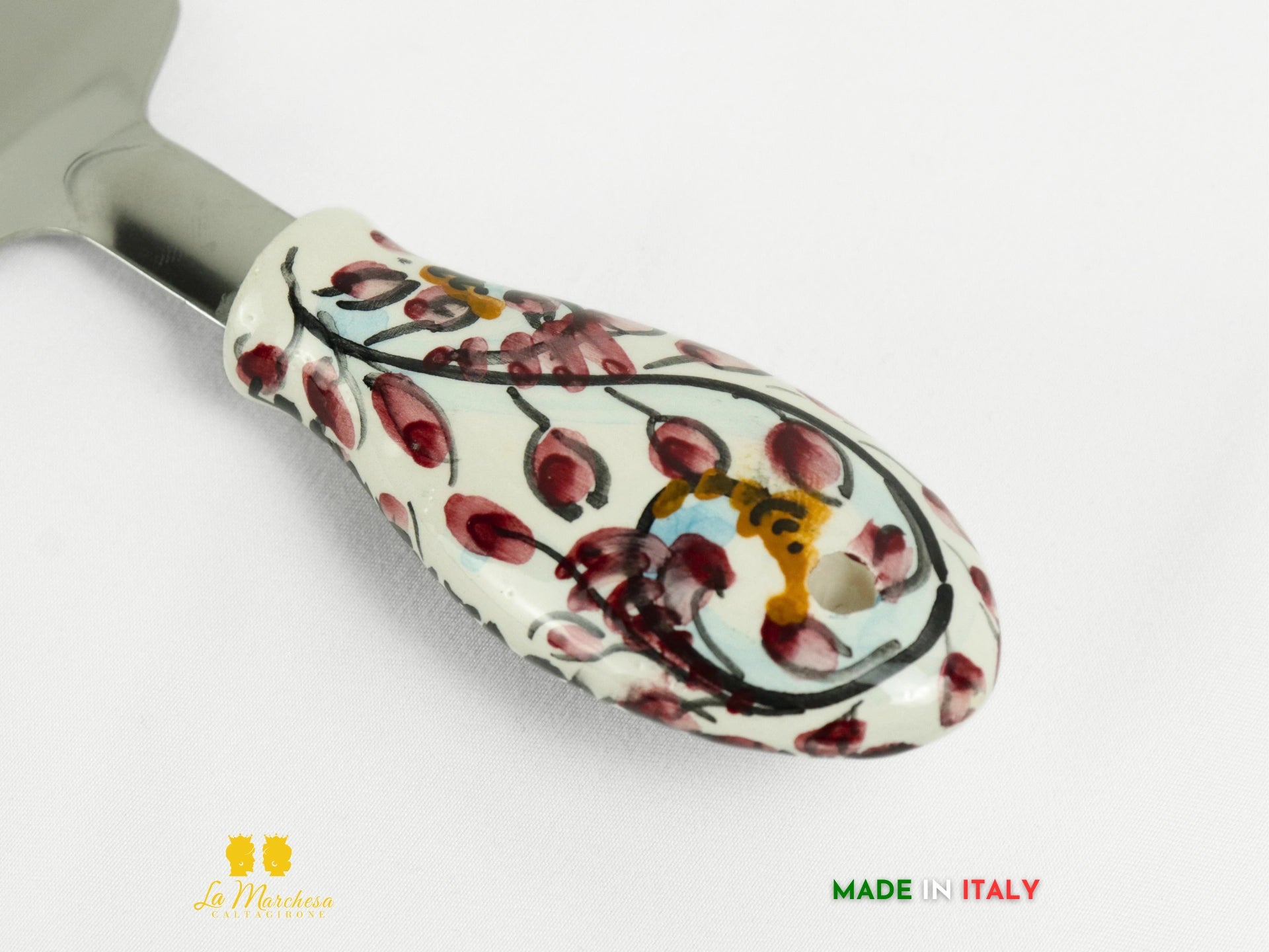 FINE SERIE - Paletta torta in acciaio con manico in ceramica decorata a mano