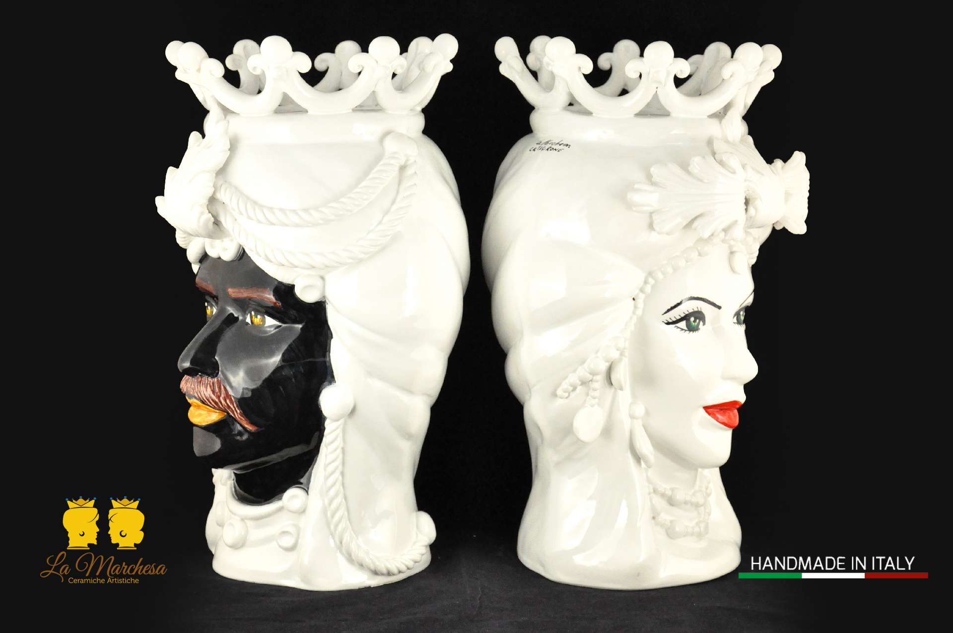 Teste di Moro in ceramica di Caltagirone corona bianche