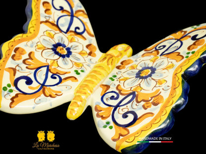 Farfalla Ceramica di Caltagirone decoro ornato blu cobalto oro 24cm